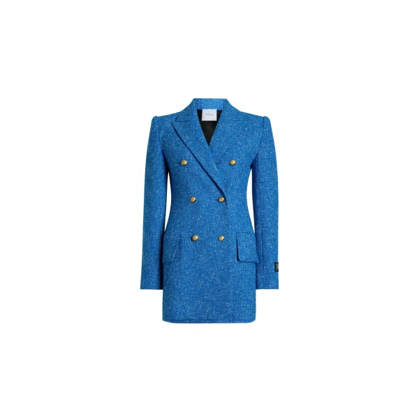 Double-breasted jacket in Victoria Blue sustainable wool and organic cotton tweed