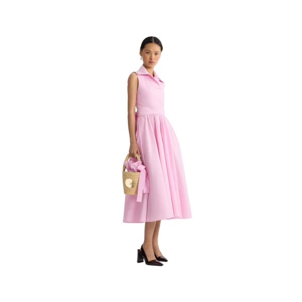 Draped recycled faille midi dress in Primrose Pink - Image 2