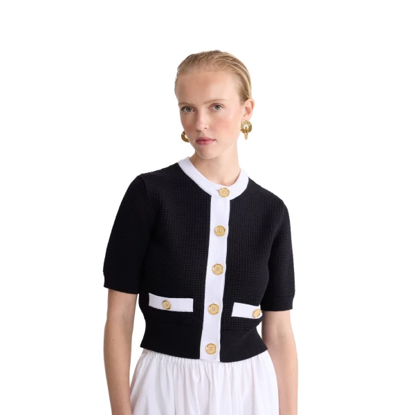 Eco-friendly cotton blend collarless textured cardigan in Black - Image 5