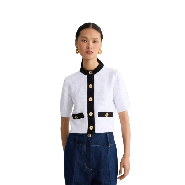 Eco-friendly cotton blend collarless textured cardigan in White - Image 5