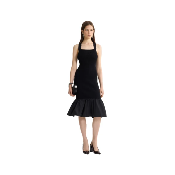 Eco-friendly cotton blend long dress with recycled faille details in Black - Image 2
