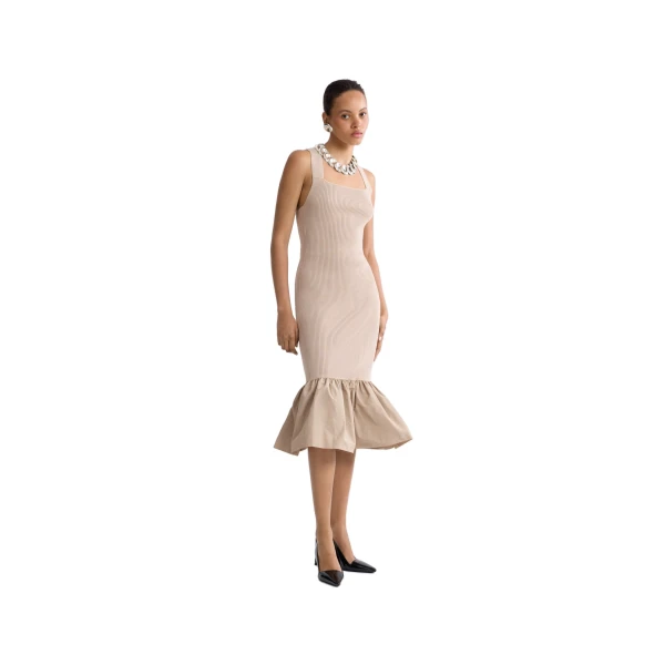 Eco-friendly cotton blend long dress with recycled faille details in Dune - Image 2