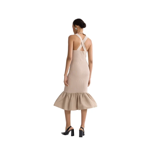 Eco-friendly cotton blend long dress with recycled faille details in Dune - Image 3