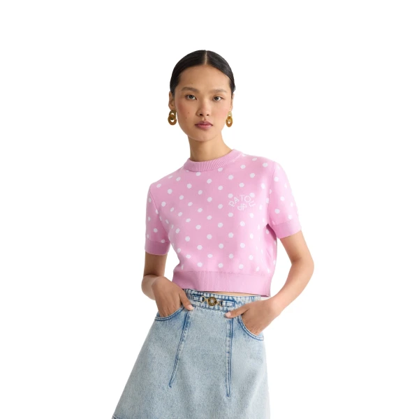 Eco-friendly cotton blend polka dot crop t-shirt in Candy Pink Polka Dots - Image 5