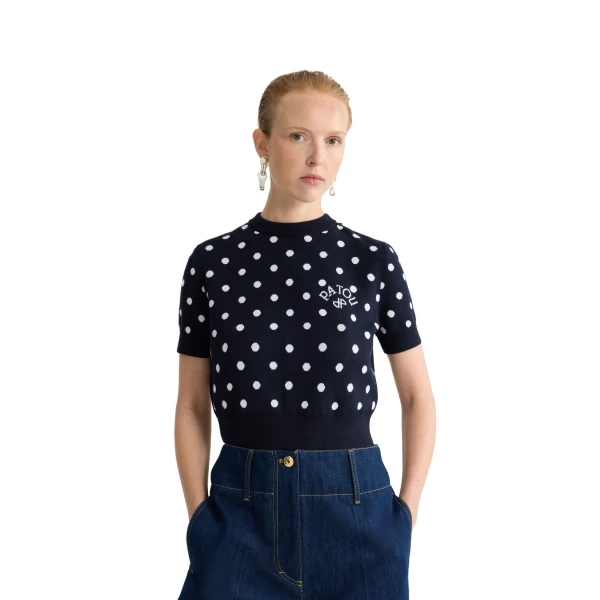 Eco-friendly cotton blend polka dot crop t-shirt in Meteorite Blue - Image 5