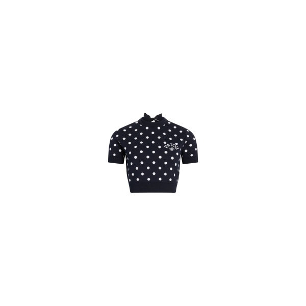 Patou Eco-friendly cotton blend polka dot crop t-shirt in Meteorite Blue
