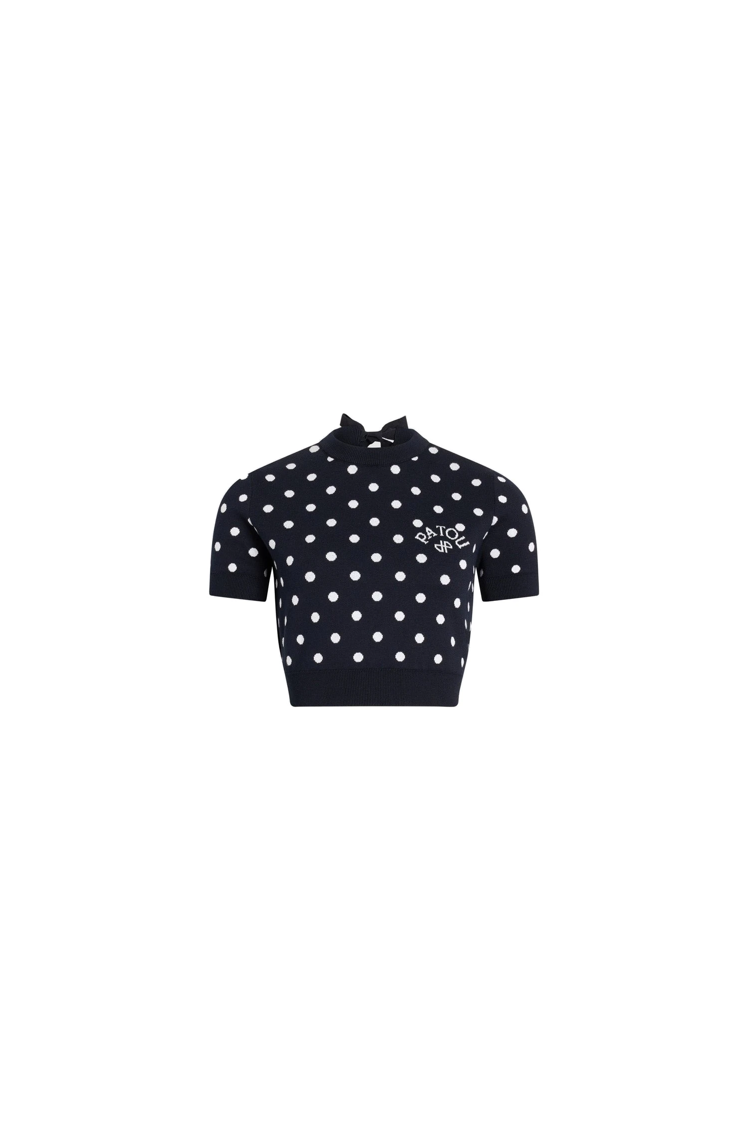 Patou Eco-friendly cotton blend polka dot crop t-shirt in Meteorite Blue | Knitwear | Coveti Patou Eco-friendly cotton blend polka dot crop t-shirt in Meteorite Blue