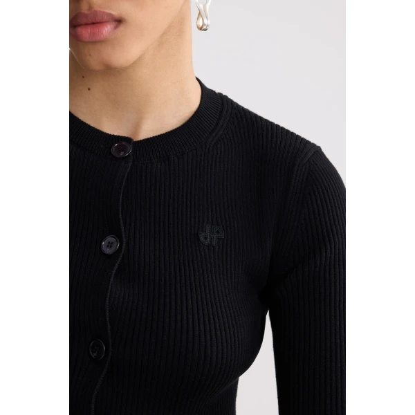 Eco-friendly cotton blend ribbed short cardigan in Black - Image 4