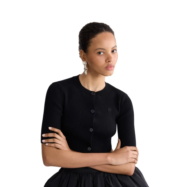 Eco-friendly cotton blend ribbed short cardigan in Black - Image 5