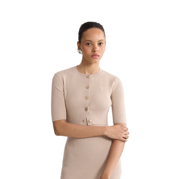 Eco-friendly cotton blend ribbed short cardigan in Dune - Image 5