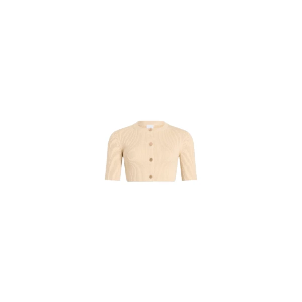 Eco-friendly cotton blend ribbed short cardigan in Dune
