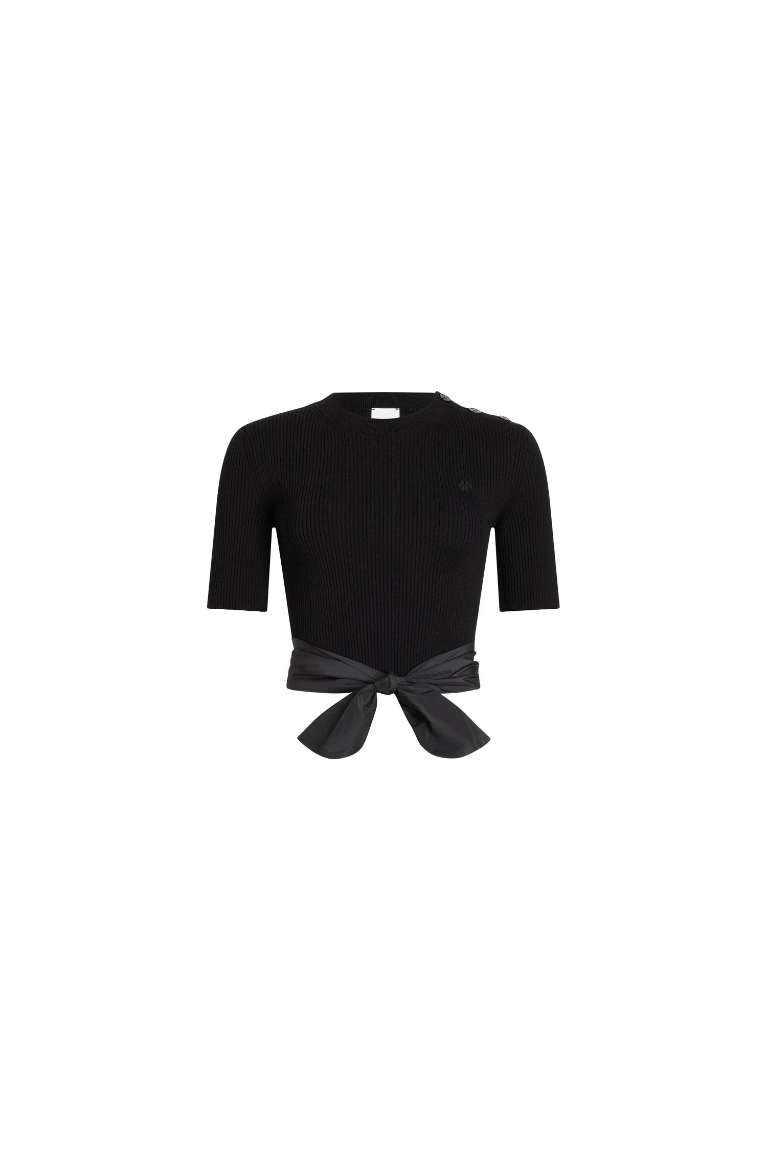 Patou Eco-friendly cotton blend t-shirt with recycled faille tie detail in Black | Knitwear | Coveti Patou Eco-friendly cotton blend t-shirt with recycled faille tie detail in Black