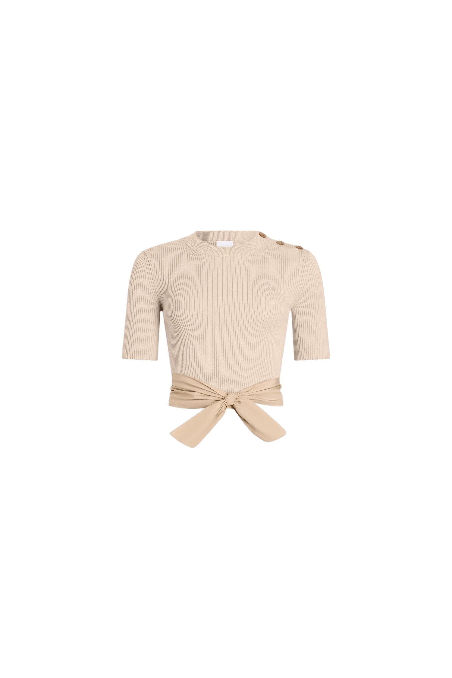 Patou Eco-friendly cotton blend t-shirt with recycled faille tie detail in Dune | Knitwear | Coveti Patou Eco-friendly cotton blend t-shirt with recycled faille tie detail in Dune
