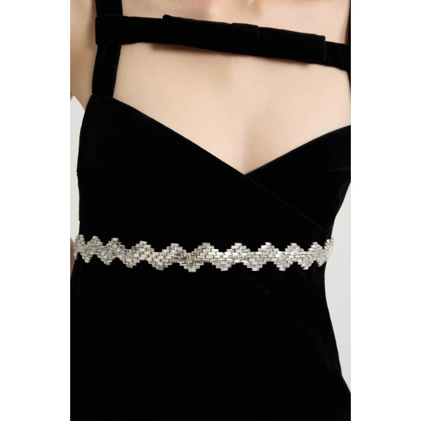 Embellished bow neckline mini dress in Black cotton velvet - Image 4