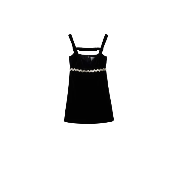 Embellished bow neckline mini dress in Black cotton velvet
