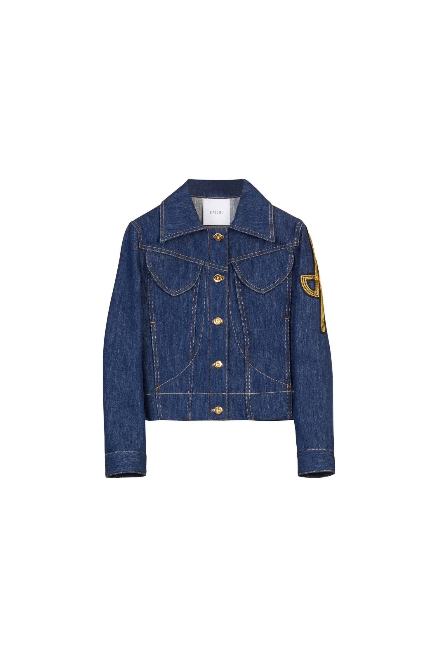 Patou Embroidered logo denim jacket in Rodeo Blue | Jackets | Coveti Patou Embroidered logo denim jacket in Rodeo Blue