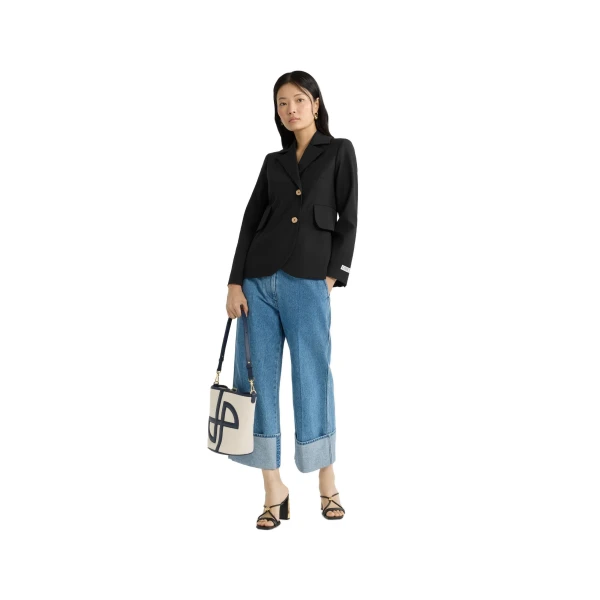 Fitted belted jacket in Black sustainable technical wool twill - Image 2