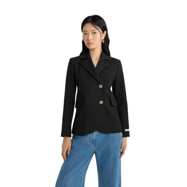 Fitted belted jacket in Black sustainable technical wool twill - Image 4