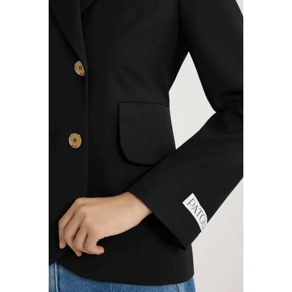 Fitted belted jacket in Black sustainable technical wool twill - Image 5
