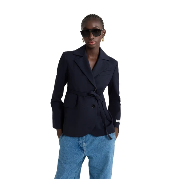 Fitted belted jacket in Navy Black sustainable technical wool twill - Image 4