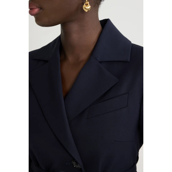 Fitted belted jacket in Navy Black sustainable technical wool twill - Image 5