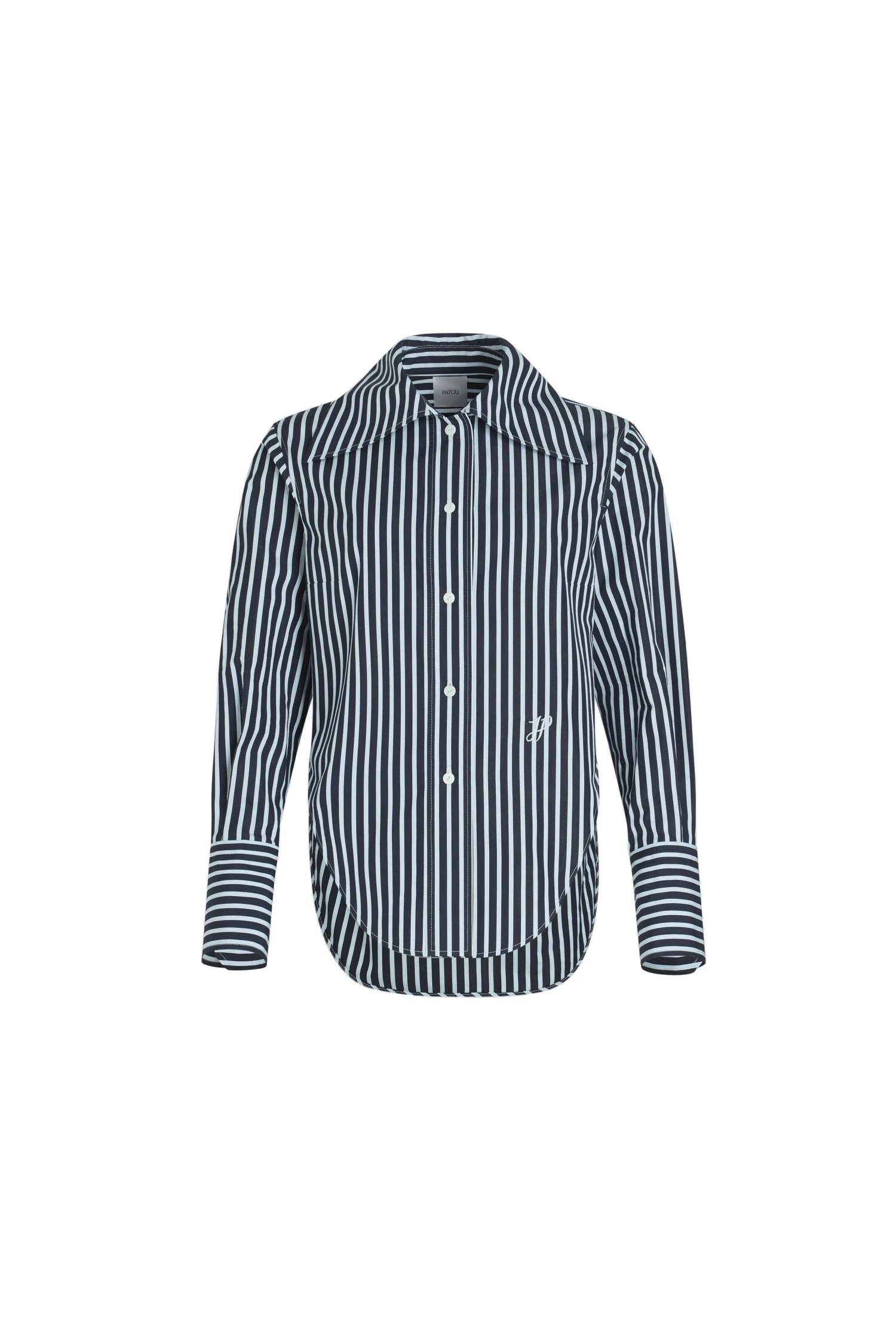 Patou Fitted shirt in Navy Stripes printed organic cotton poplin | Tops | Coveti Patou Fitted shirt in Navy Stripes printed organic cotton poplin