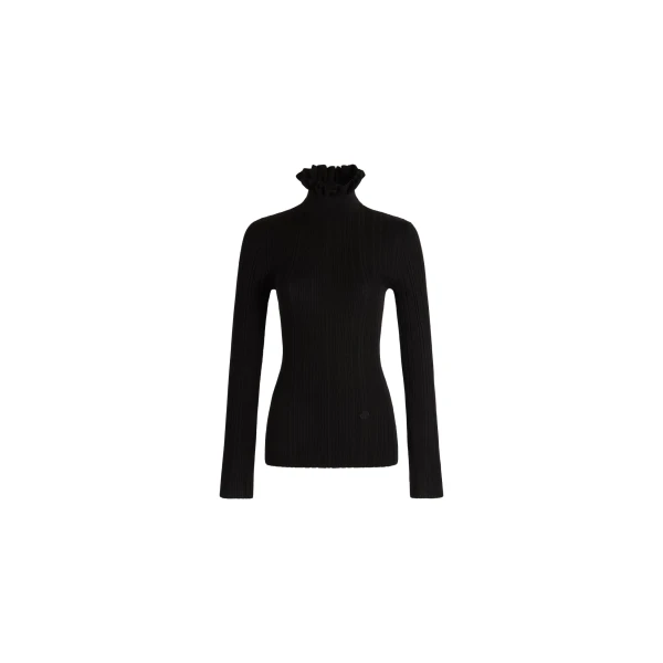 Frilled high-neck sweater in Black merino wool