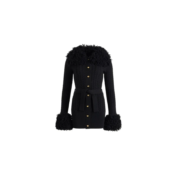 Fringe trim long cardigan in Black wool and cashmere