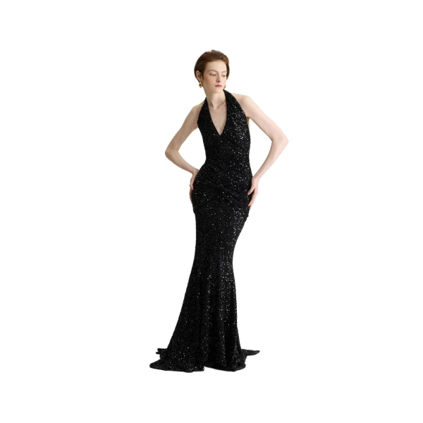 Halterneck maxi dress in Black sequin - Image 3