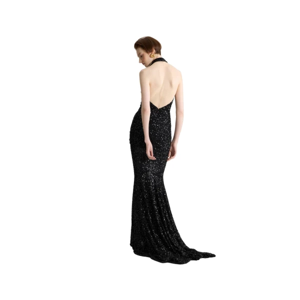 Halterneck maxi dress in Black sequin - Image 4