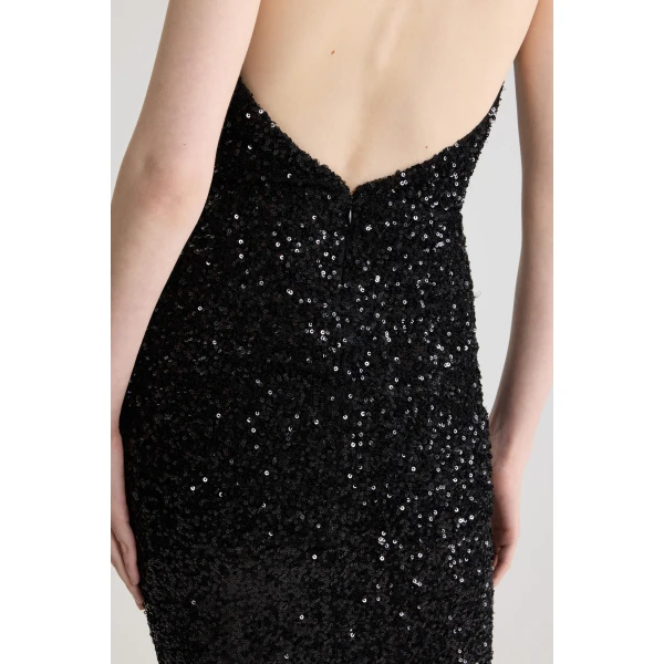Halterneck maxi dress in Black sequin - Image 5