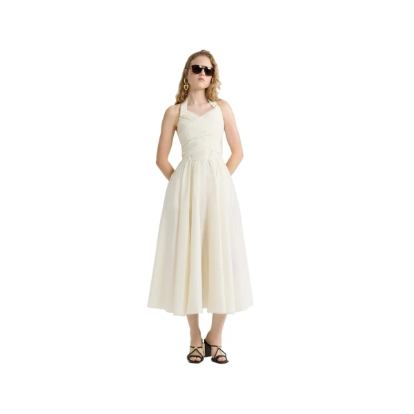 Halterneck maxi dress in Ivory recycled faille - Image 2