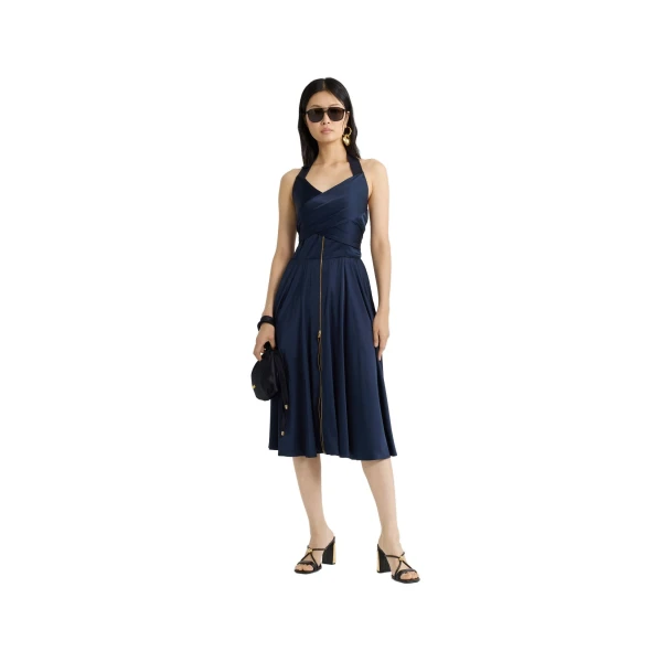 Halterneck midi dress in Navy Black satin - Image 3