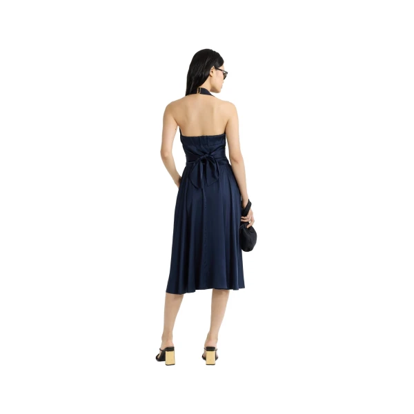 Halterneck midi dress in Navy Black satin - Image 4