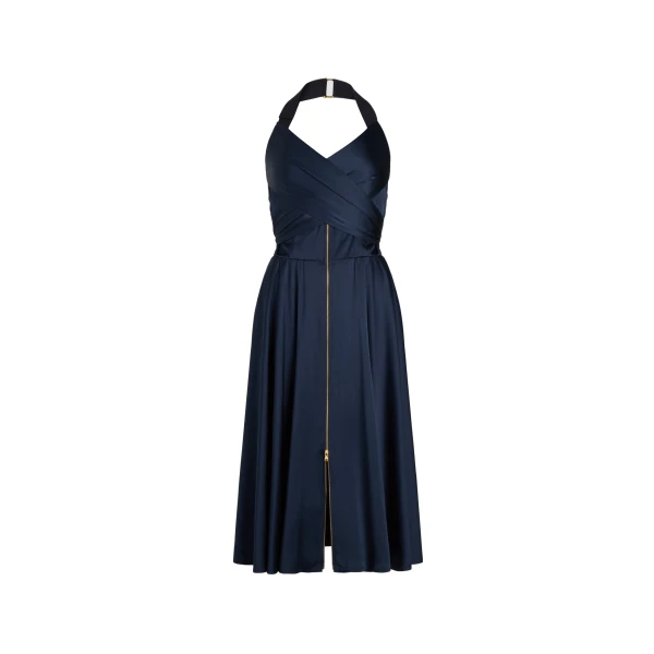 Patou Halterneck midi dress in Navy Black satin