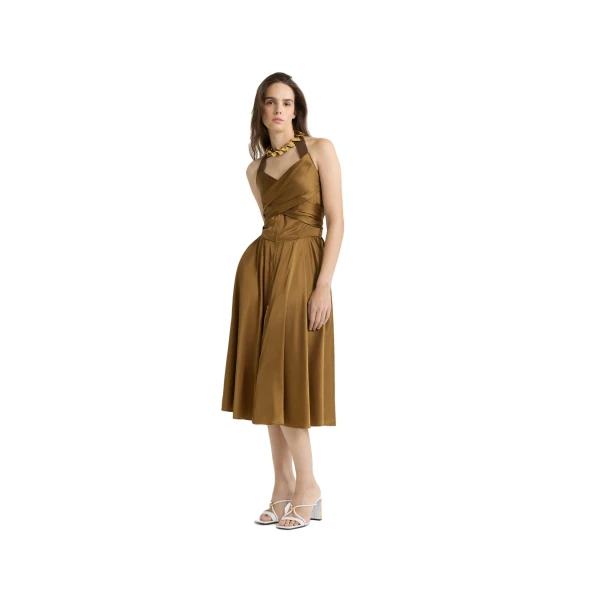 Halterneck midi dress in Tobacco satin - Image 2