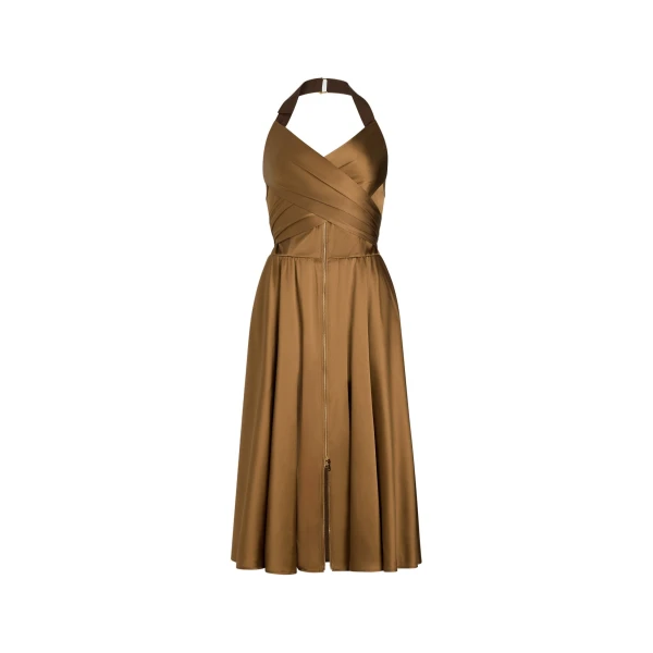 Patou Halterneck midi dress in Tobacco satin