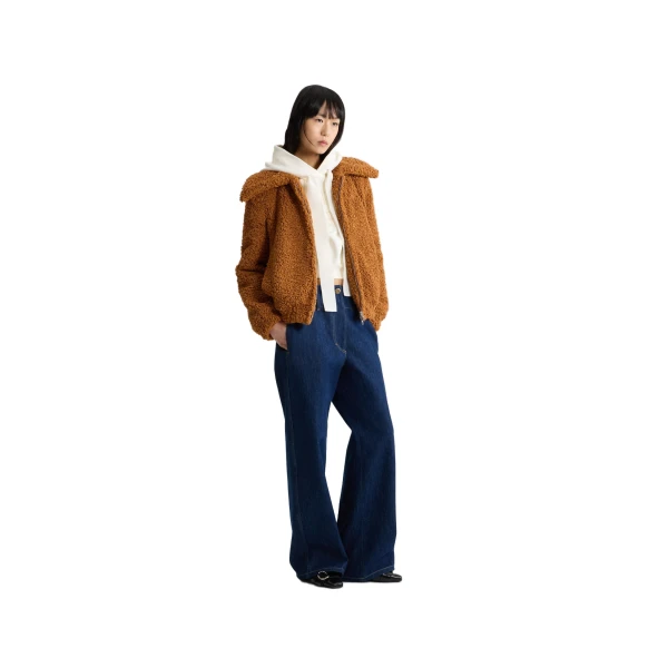 High neck bomber jacket in Pumpkin Spice recycled faux fur - Image 2