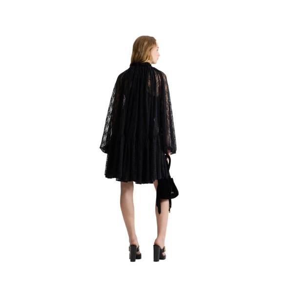 Iconic drawstring mini dress in Black lace jersey - Image 3