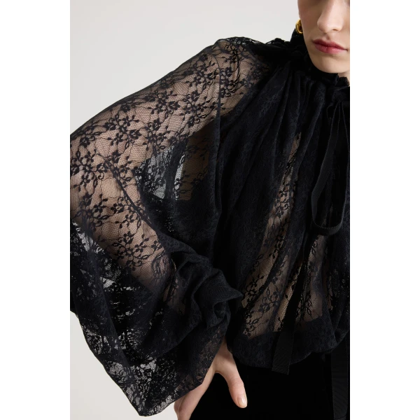 Iconic drawstring top in Black lace jersey - Image 5