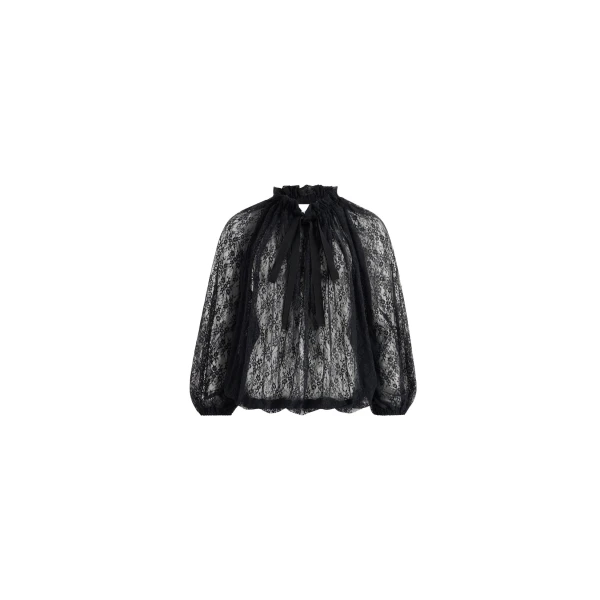 Iconic drawstring top in Black lace jersey