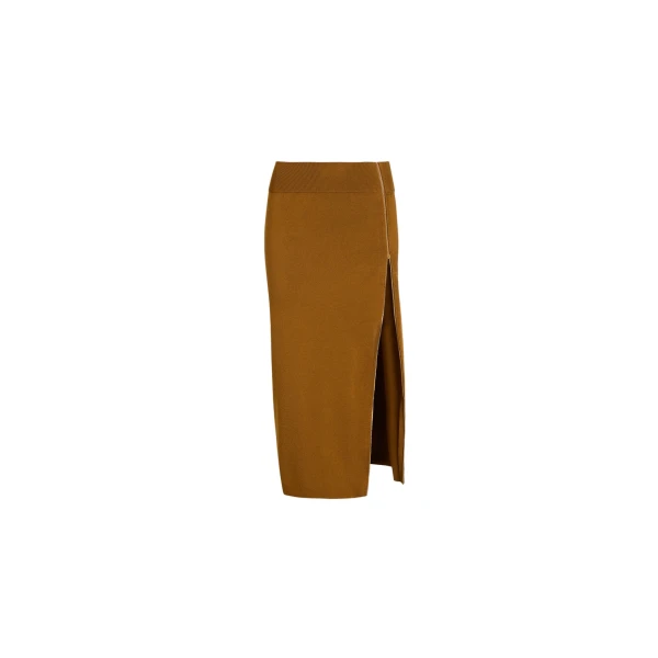 Knit midi pencil skirt in Caramel technical crepe - Image 2