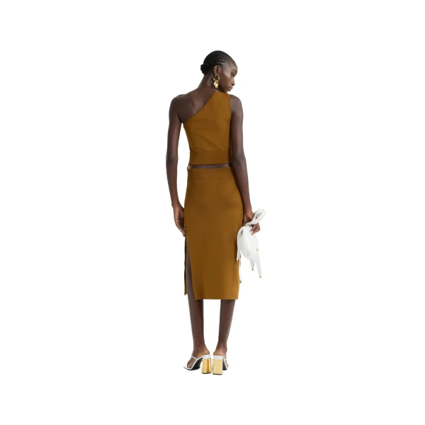 Knit midi pencil skirt in Caramel technical crepe - Image 4