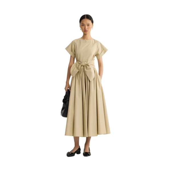 Knotted organic cotton short-sleeved midi dress in Safari Sand - Image 2
