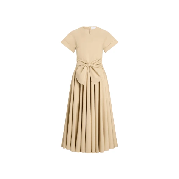Knotted organic cotton short-sleeved midi dress in Safari Sand
