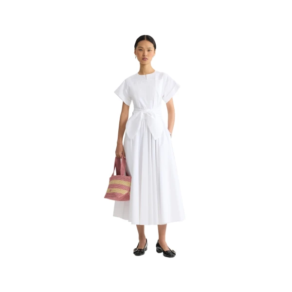 Knotted organic cotton short-sleeved midi dress in White - Image 2