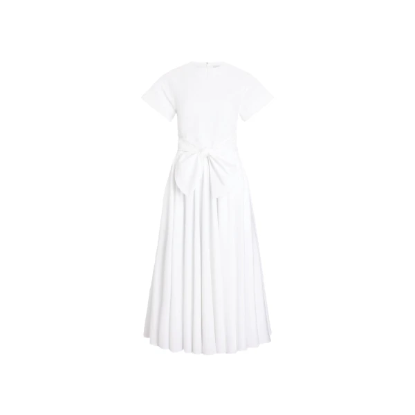 Knotted organic cotton short-sleeved midi dress in White