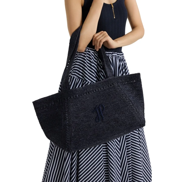 Large JP monogram trapeze tote in Navy Black raffia - Image 3