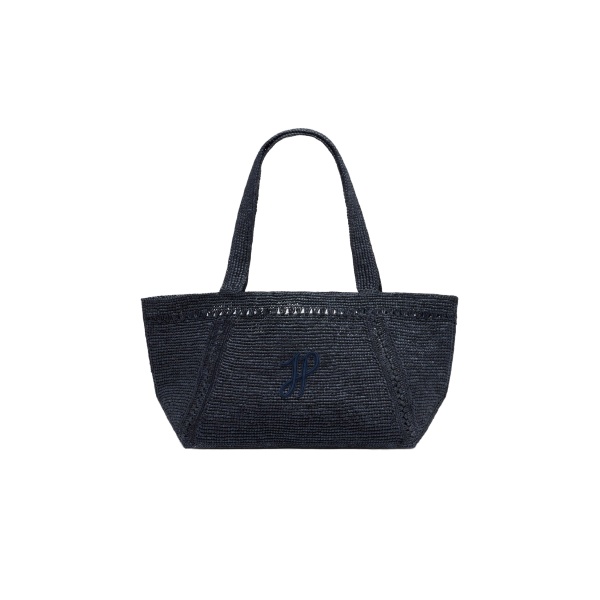 Patou Large JP monogram trapeze tote in Navy Black raffia
