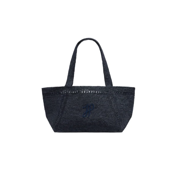 Large JP monogram trapeze tote in Navy Black raffia